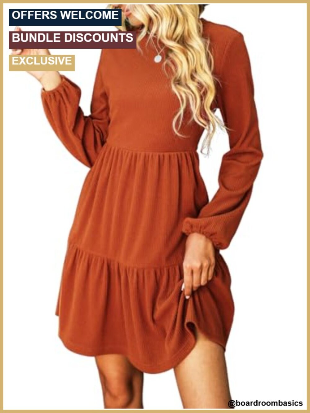 Knit Mini Dress Long Bishop Sleeve Crew Neck A-Line Tiered Hem